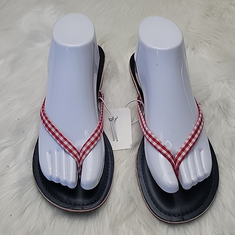 J.CREW Red White Gingham Navy Thong Preppy Americana Summer Flip Flop Sandals 10